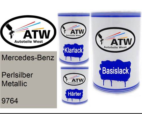 Mercedes-Benz, Perlsilber Metallic, 9764: 500ml Lackdose + 500ml Klarlack + 250ml Härter - Set, von ATW Autoteile West.